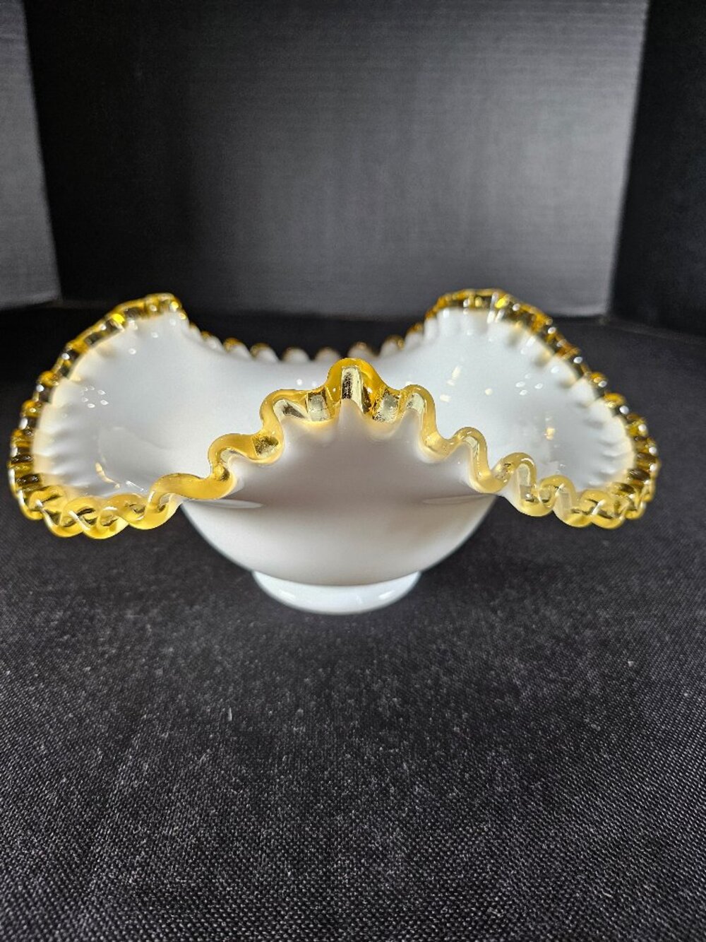 Vintage Mid Century Fenton Gold Crest White Milk Glass Ruffled Candy Dish Bowl